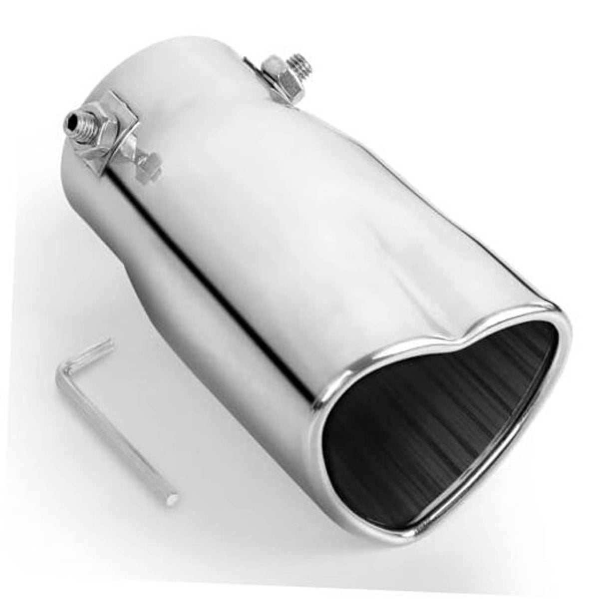 Stainless steel exhaust tip with heart-shaped inlet and round black outlet opening, silver finish.