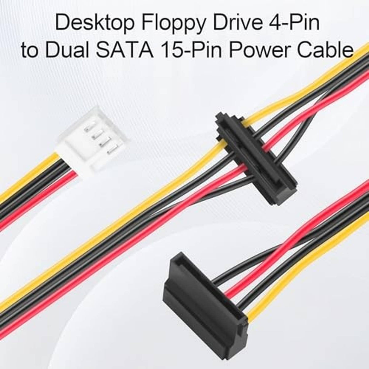 Desktop floppy 4-pin to dual SATA 15-pin cable with black connectors and red wire bundle