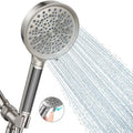 Brushed nickel shower head with handheld handle, round face with many spray nozzles