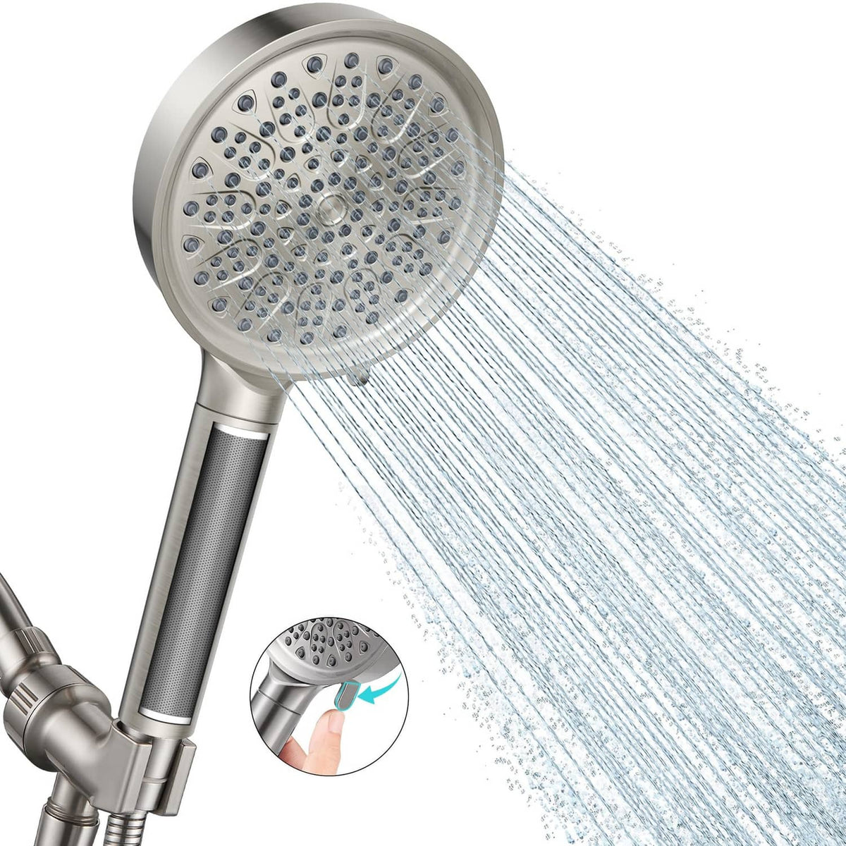 Brushed nickel shower head with handheld handle, round face with many spray nozzles