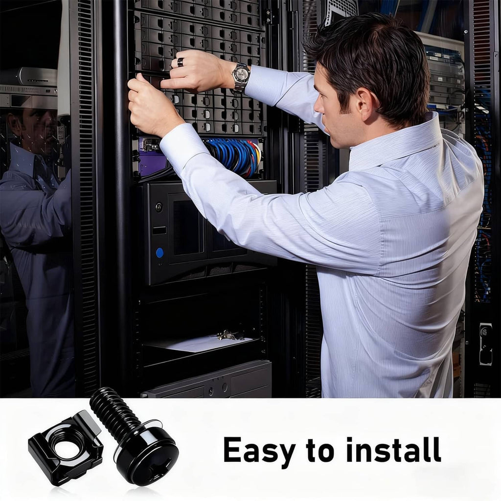 Black rack mount screws and cage nuts for easy server rack installation