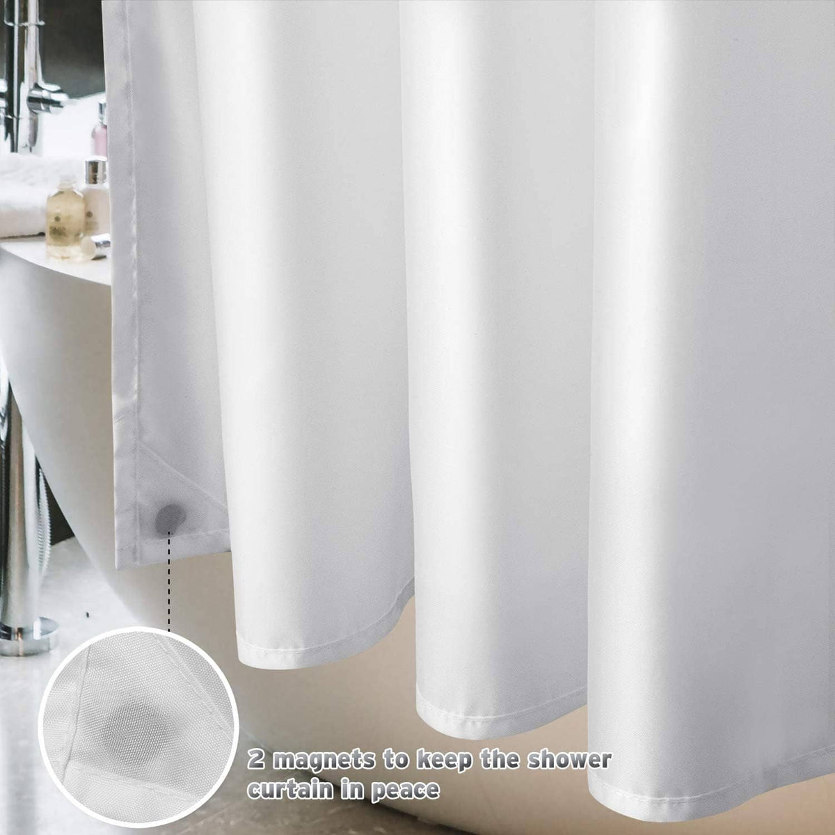 White shower curtain liner hem with two magnet weights for edge hold.