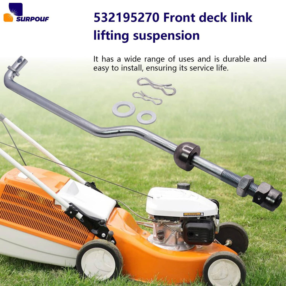 Front deck lift suspension link with cotter clips and threaded fastener