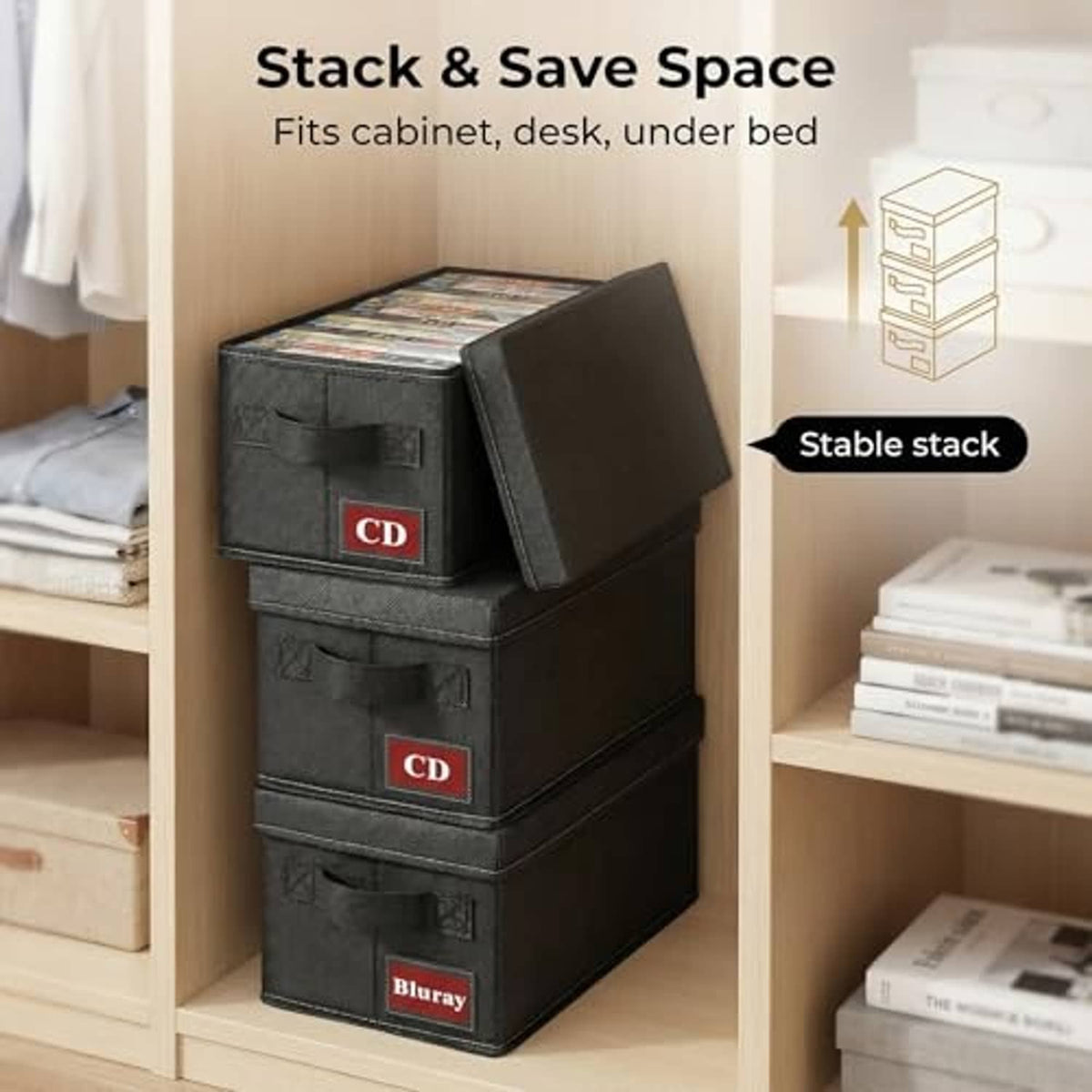 Stackable black CD storage cube with hinged lid and multiple front drawer compartments
