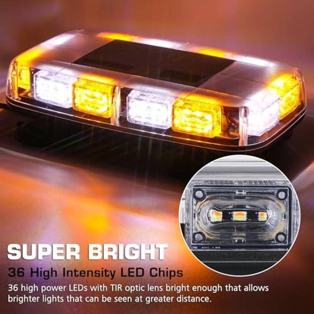 LED strobe light bar with bright amber and white front lenses, plus close-up LED