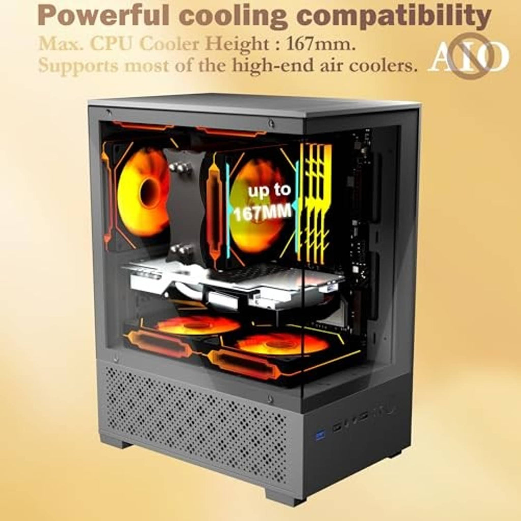 Black PC case with open front showing CPU cooler space and ARGB 120mm fans