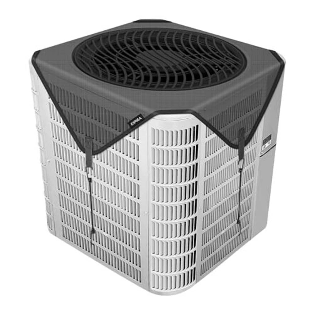 Outdoor air conditioner mesh cover with black bungee straps and top vent opening
