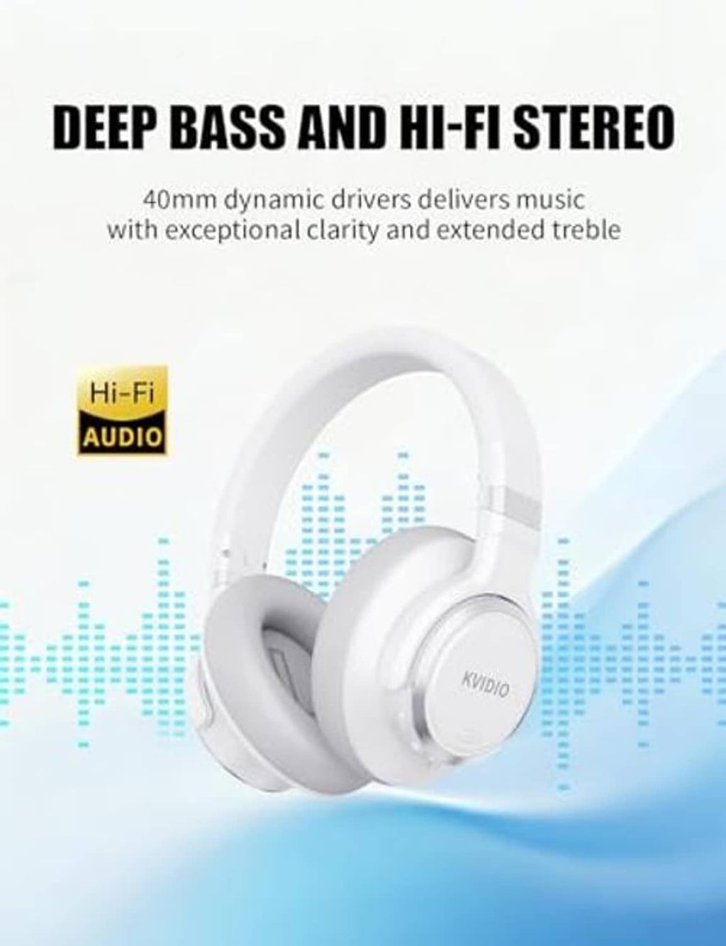 White over-ear wireless headphones with gray ear cushions and KVIO logo on earcup