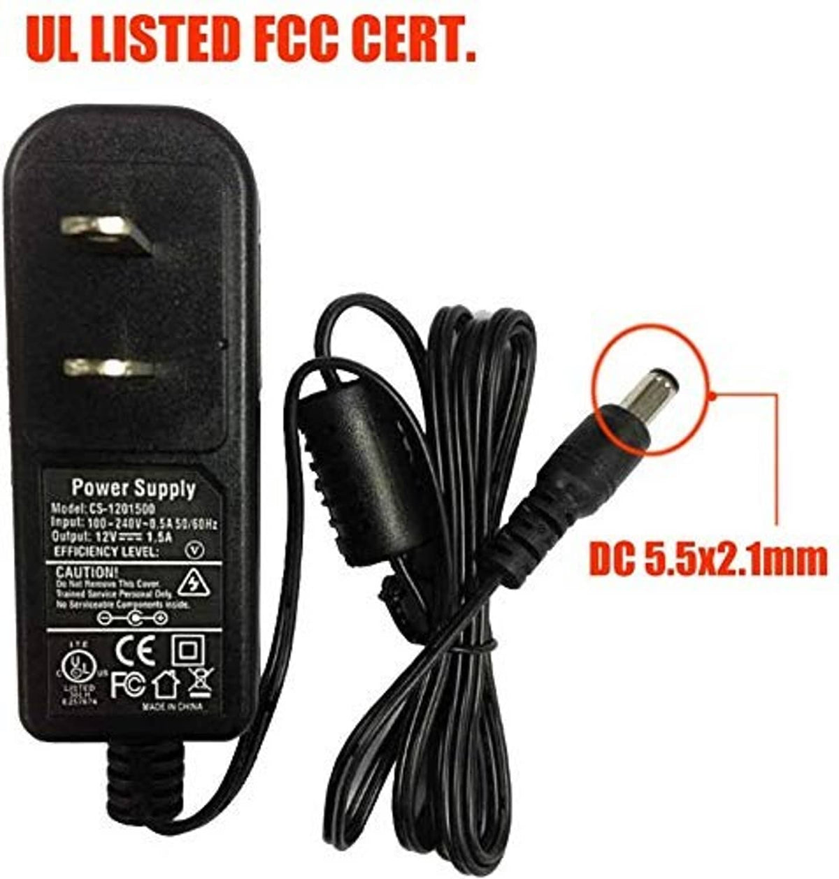 DC power supply adapter with highlighted DC 5.5x2.1mm connector