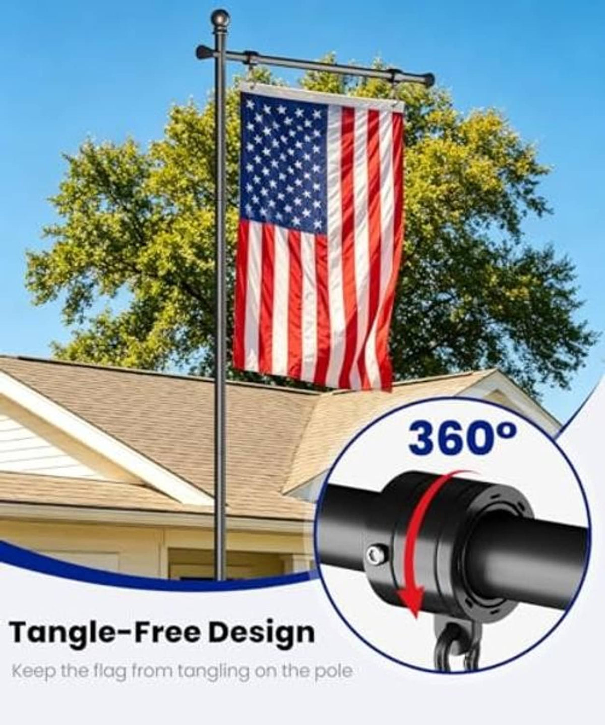 Outdoor flag pole holder with tangle-free rotating ring for smooth flag movement