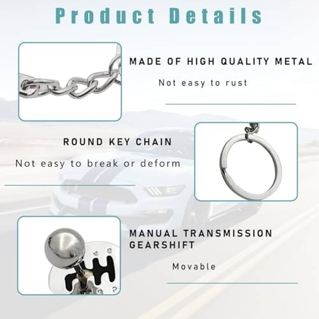Car gear shifter keychain with metal chain links and round keyring, black and silver