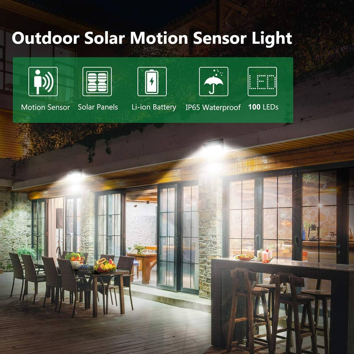 Outdoor solar motion sensor LED light with lit front LEDs and integrated solar panels