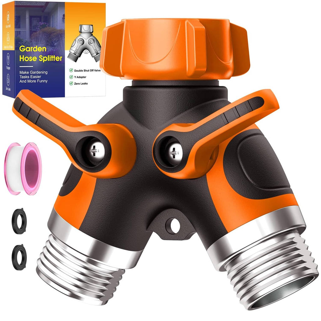 Two-way garden hose splitter with shutoff, orange/black body, metal inlet threads