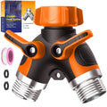 Two-way garden hose splitter with shutoff, orange/black body, metal inlet threads
