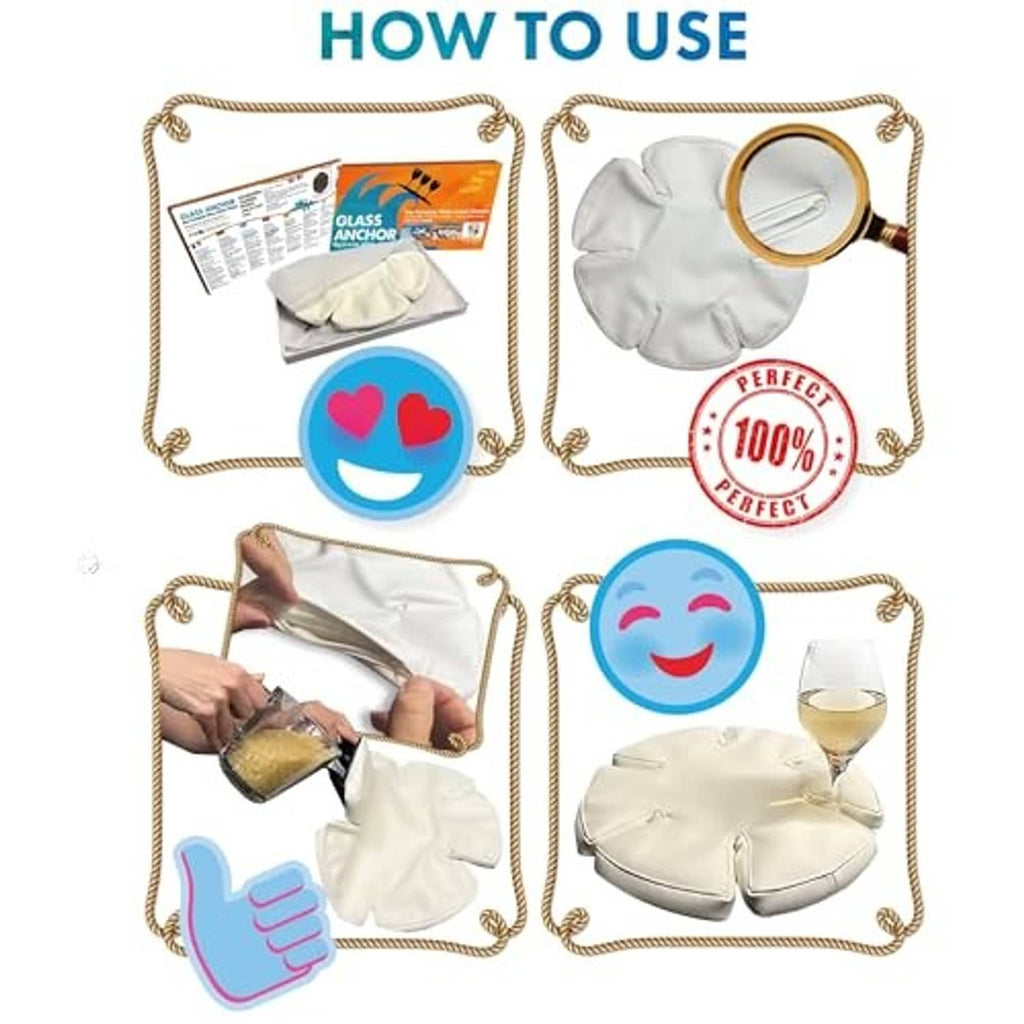 Wine glass holder shown with white cover in step-by-step use graphic