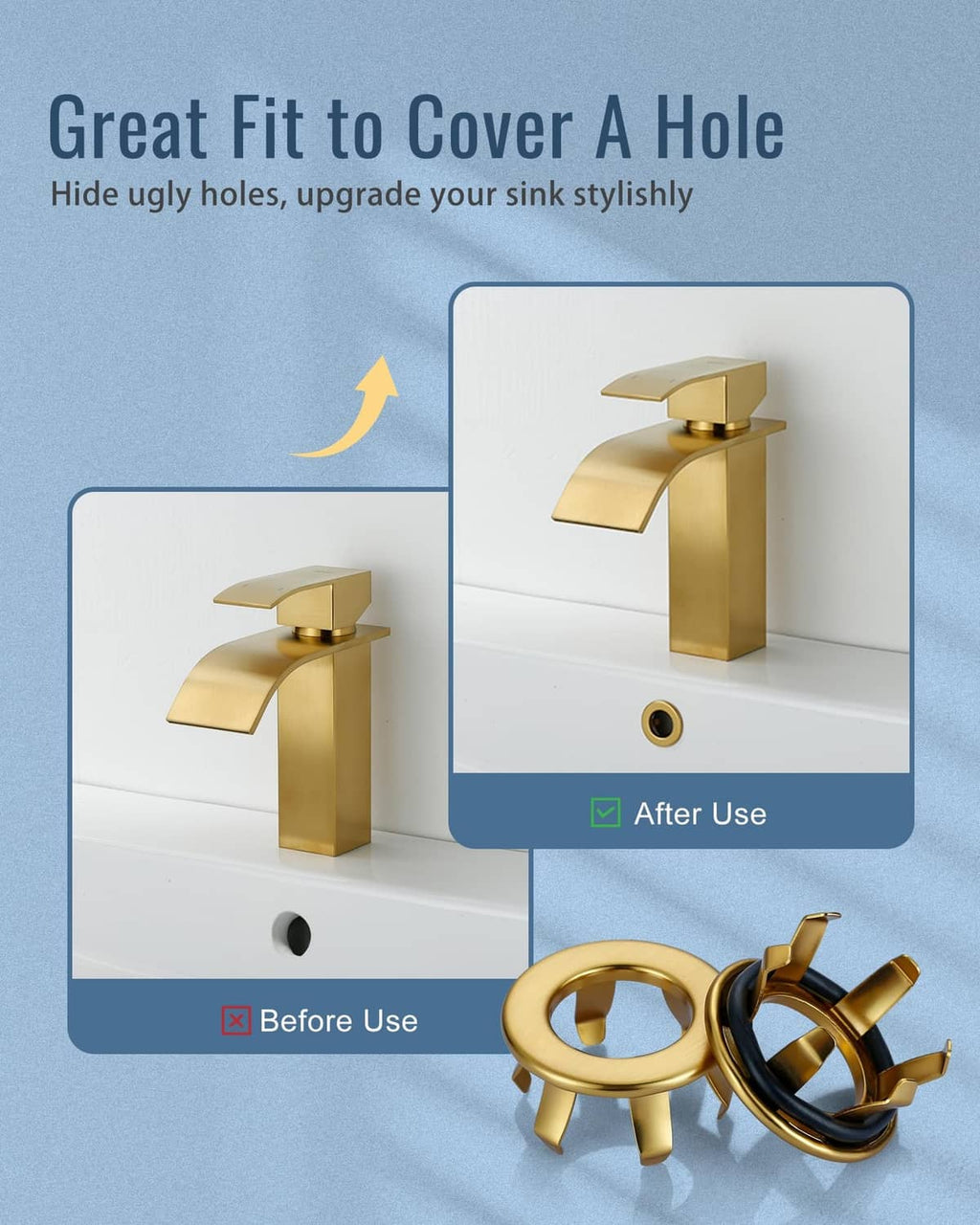 Brushed gold sink overflow ring cover with four mounting legs and central cutout