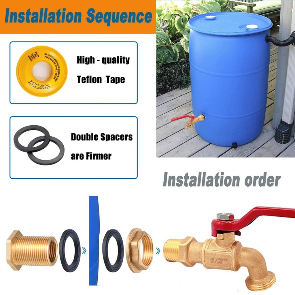 Brass spigot faucet with red handle, double spacers, and black sealing gaskets