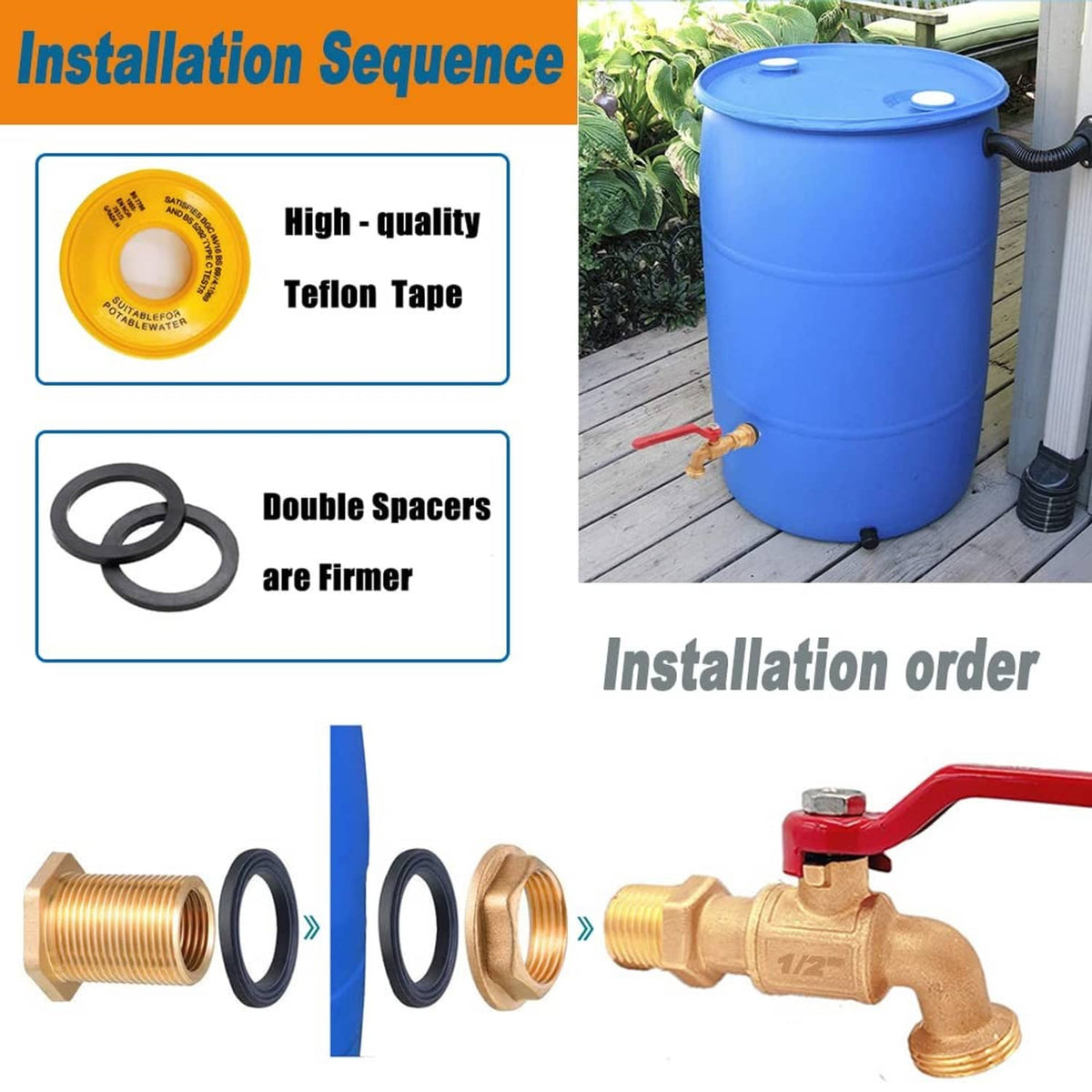 Brass spigot faucet with red handle, double spacers, and black sealing gaskets