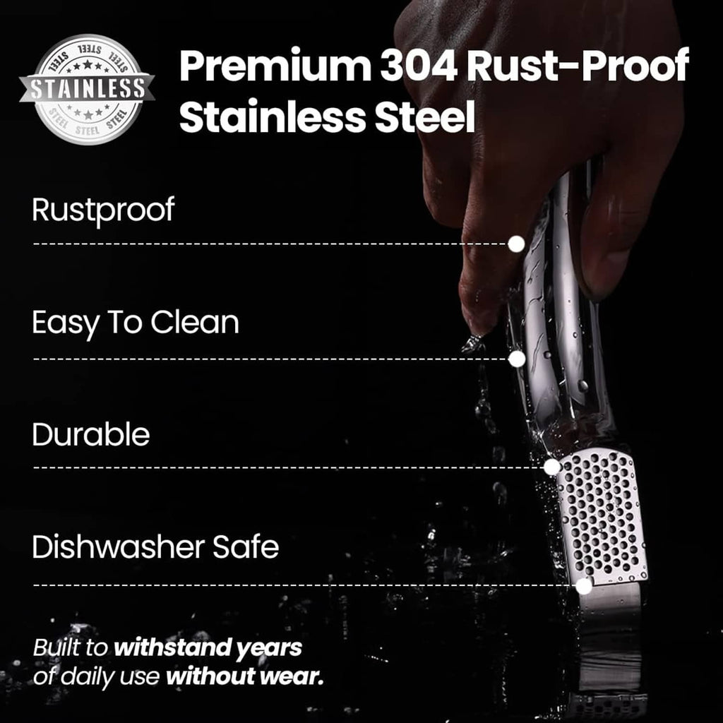 Stainless steel garlic press held in hand, perforated fine-mince plate