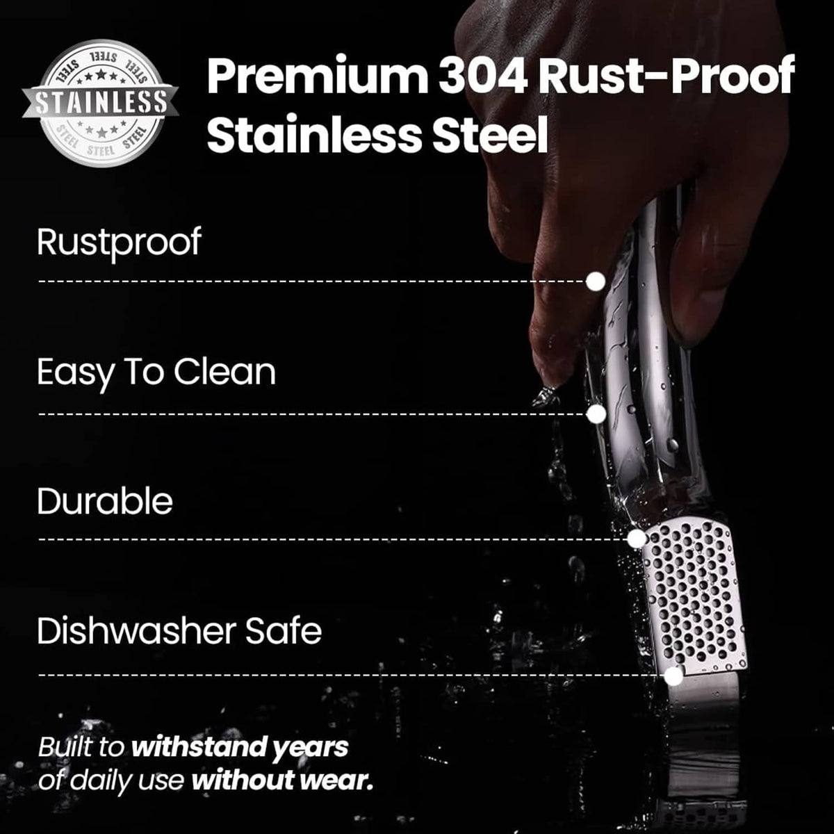 Stainless steel garlic press held in hand, perforated fine-mince plate