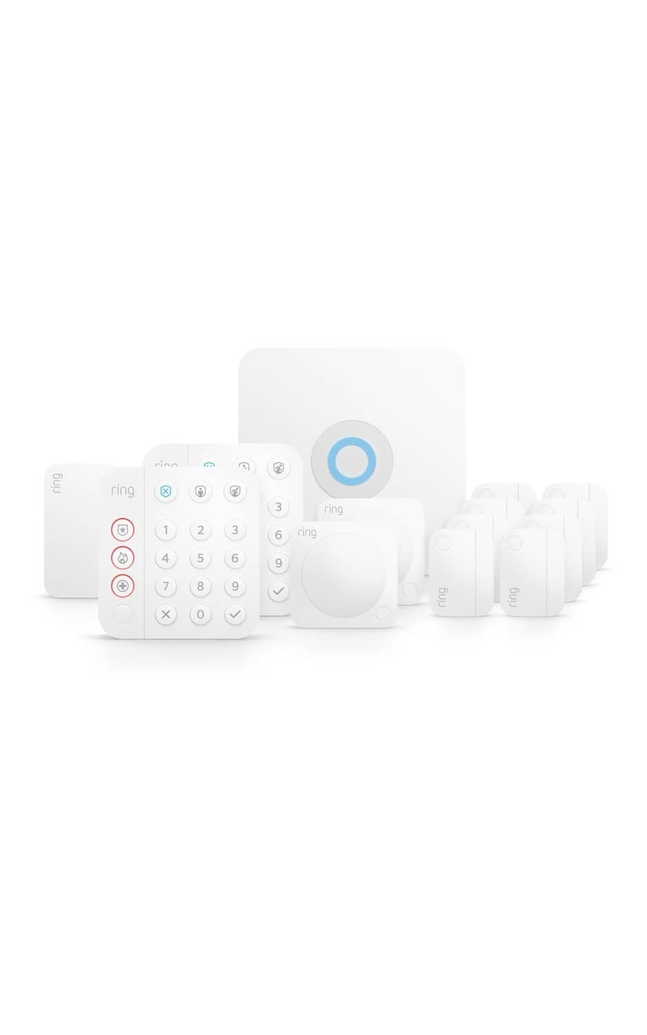 White Ring alarm kit: keypad, base hub, and door/window sensors