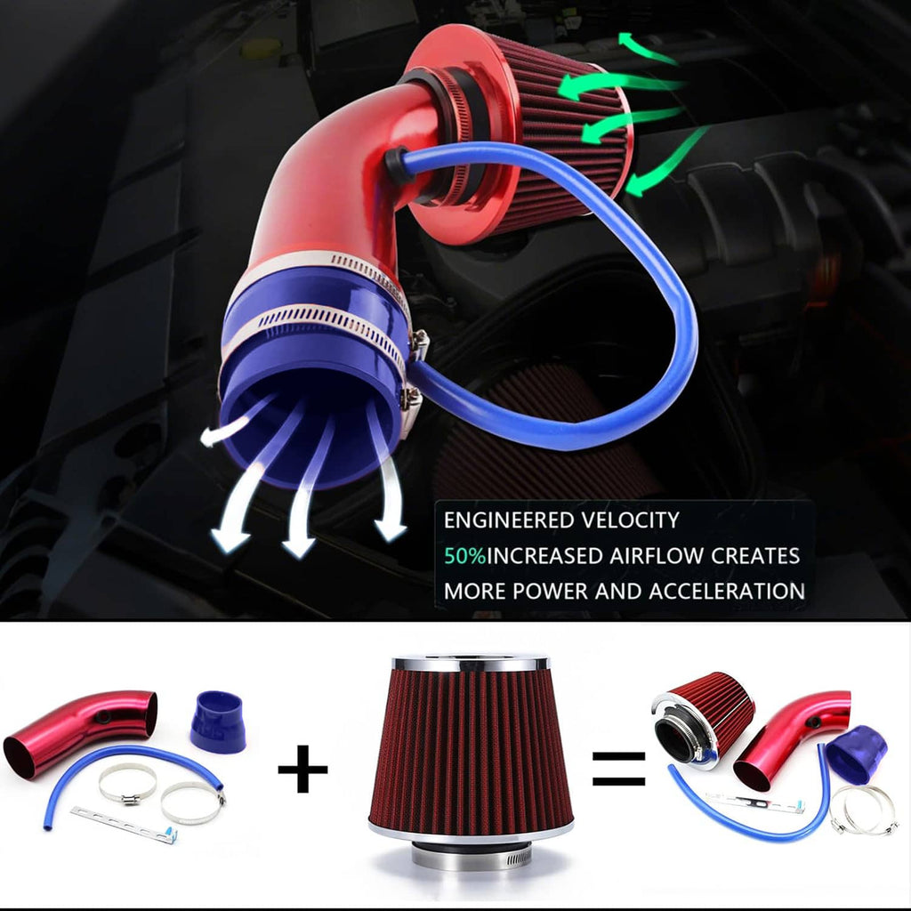 Installed cold air intake kit in engine bay: red intake pipe, blue hose, cone air filter