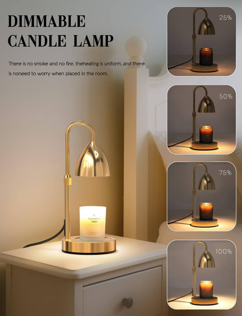 Gold dimmable candle lamp with reflective hood and candle mount on a tabletop
