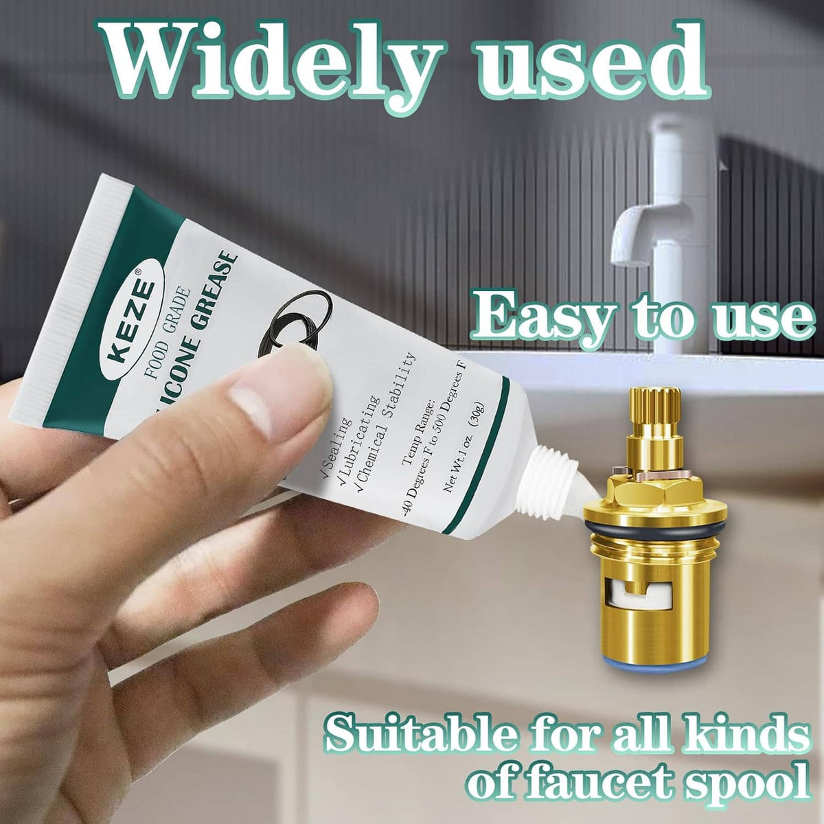 Hand holding KEZE silicone grease tube for faucet spool lubrication