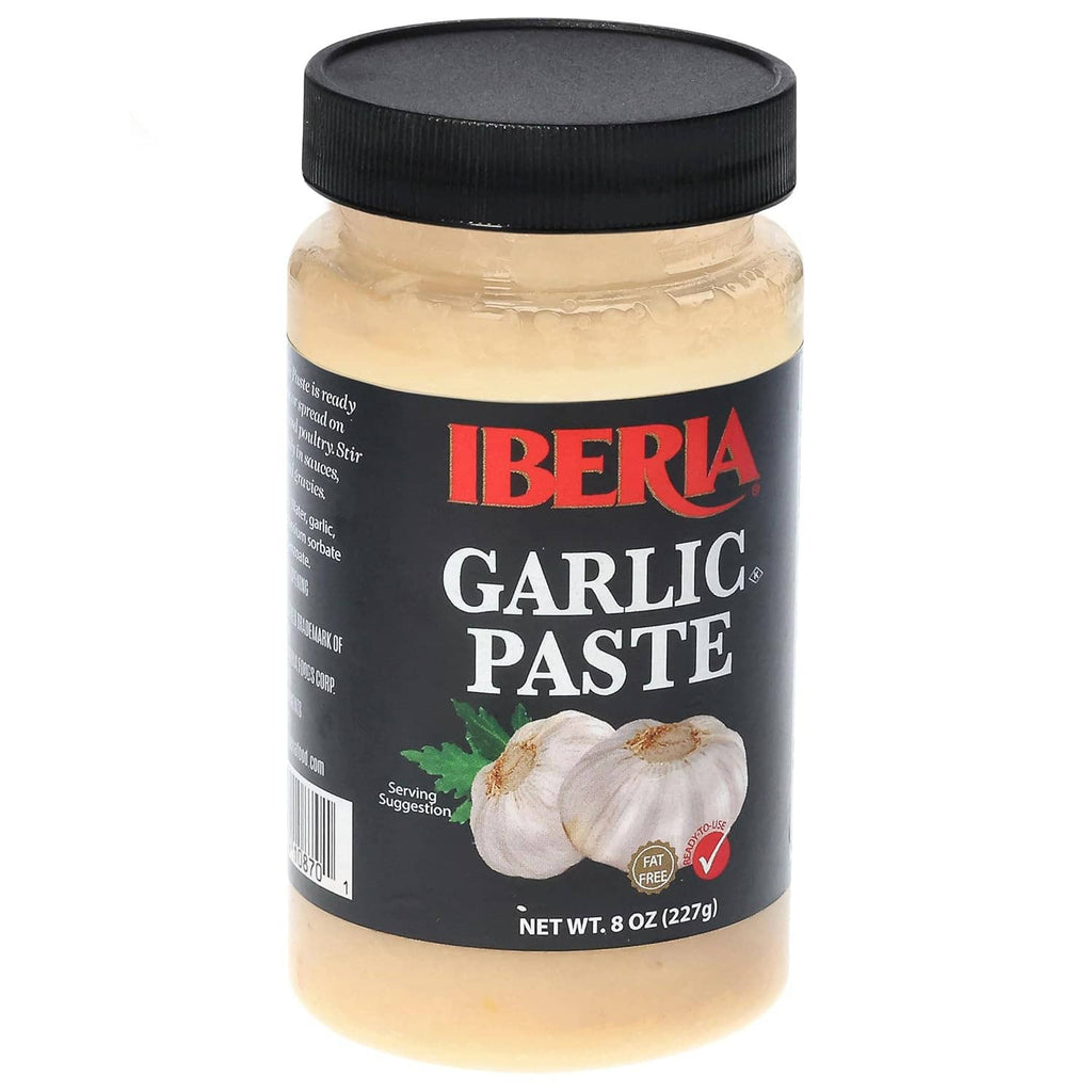 IBERIA garlic paste jar with black cap, 8 oz label facing front