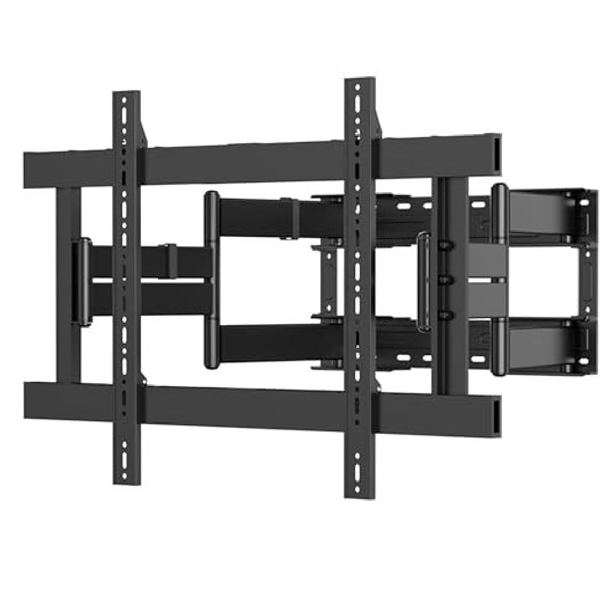 Full-motion TV wall mount with black dual arms and flat wall brackets