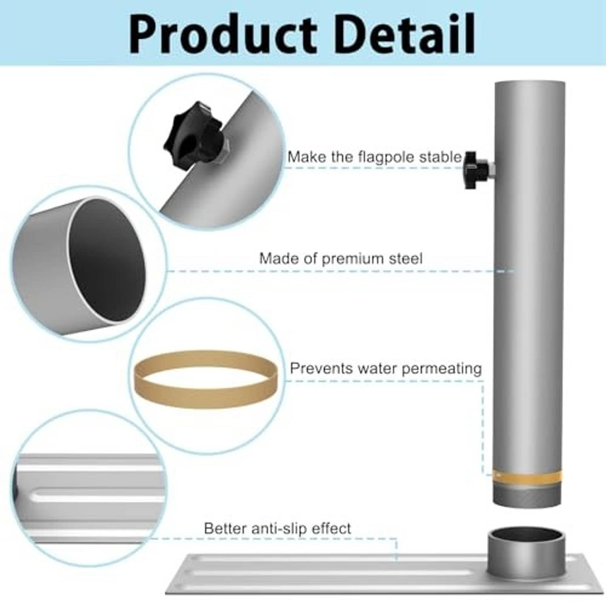 Steel flag pole tire-mount base with adjustable clamp and anti-slip grooves, silver
