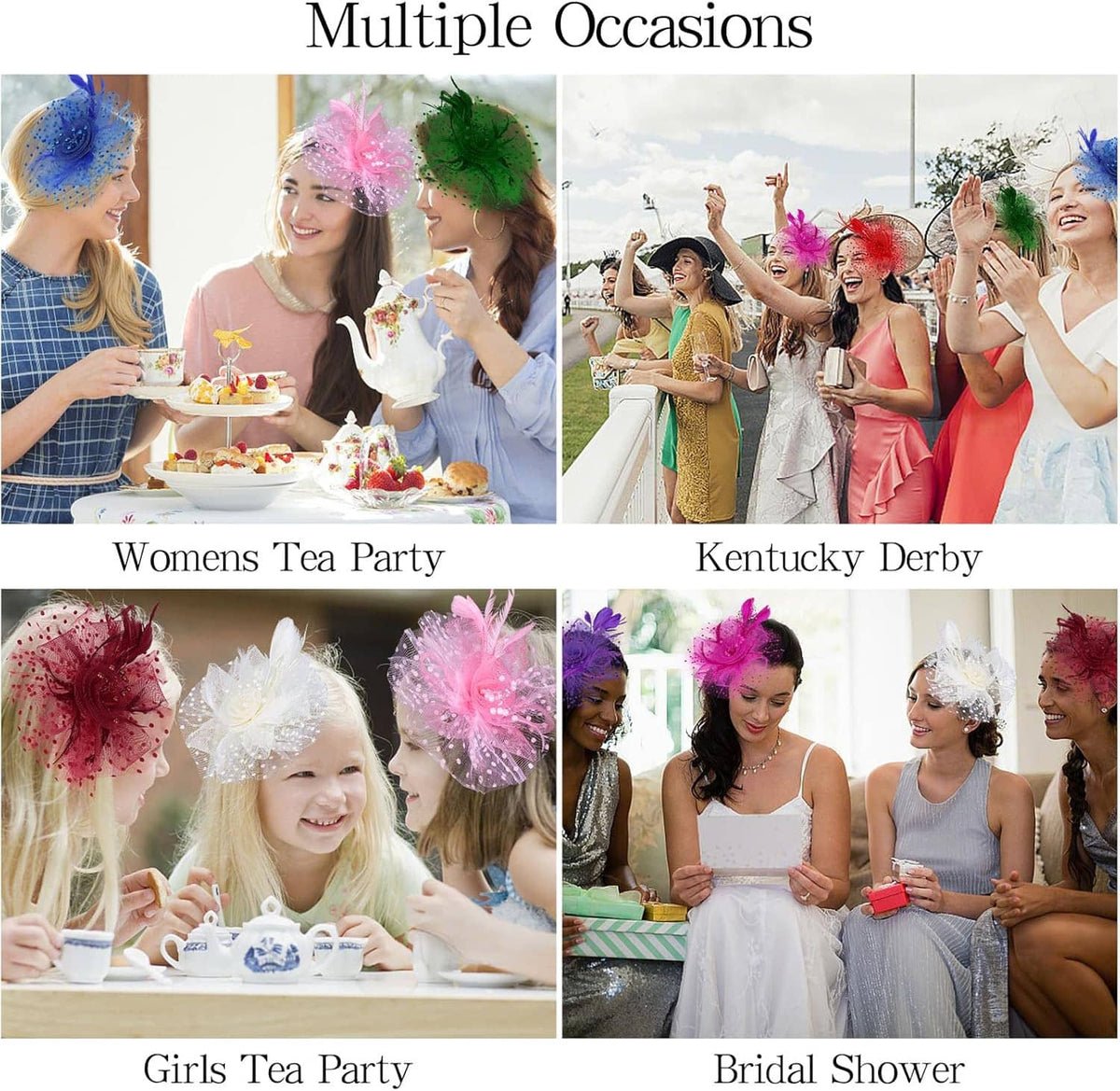 Women’s event fascinators collage featuring colorful feathered headpieces