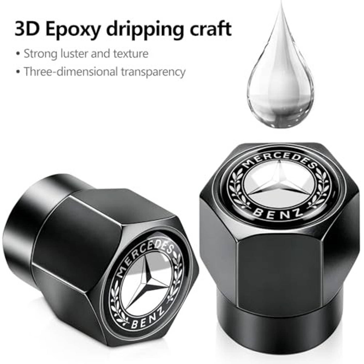 Black and chrome tire valve stem caps with Mercedes-Benz logo, angled close-up set