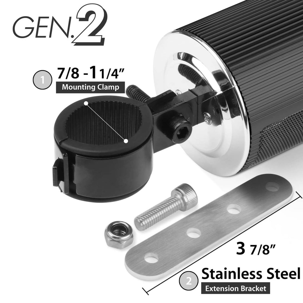 Gen 2 speaker kit with mounting clamp and stainless steel extension bracket pieces