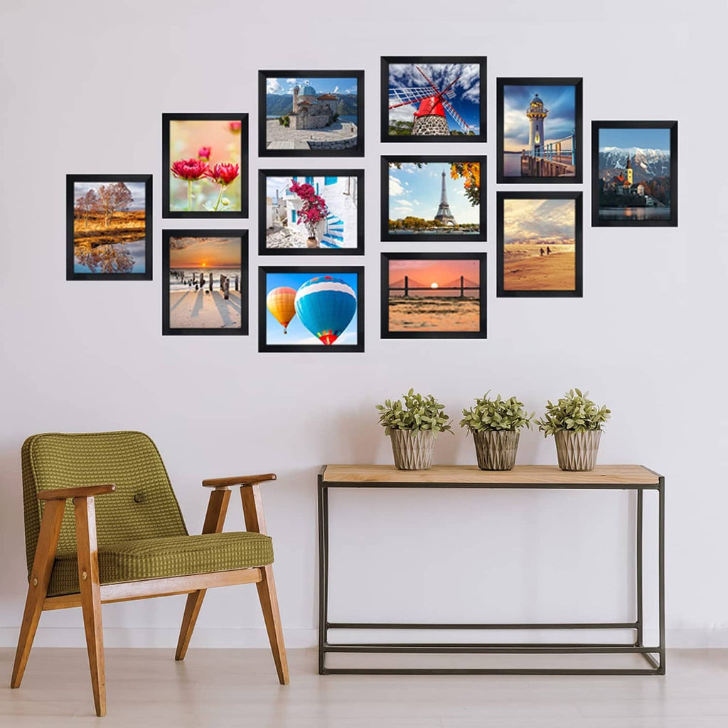 Black 8x10 photo frames gallery wall with assorted photos