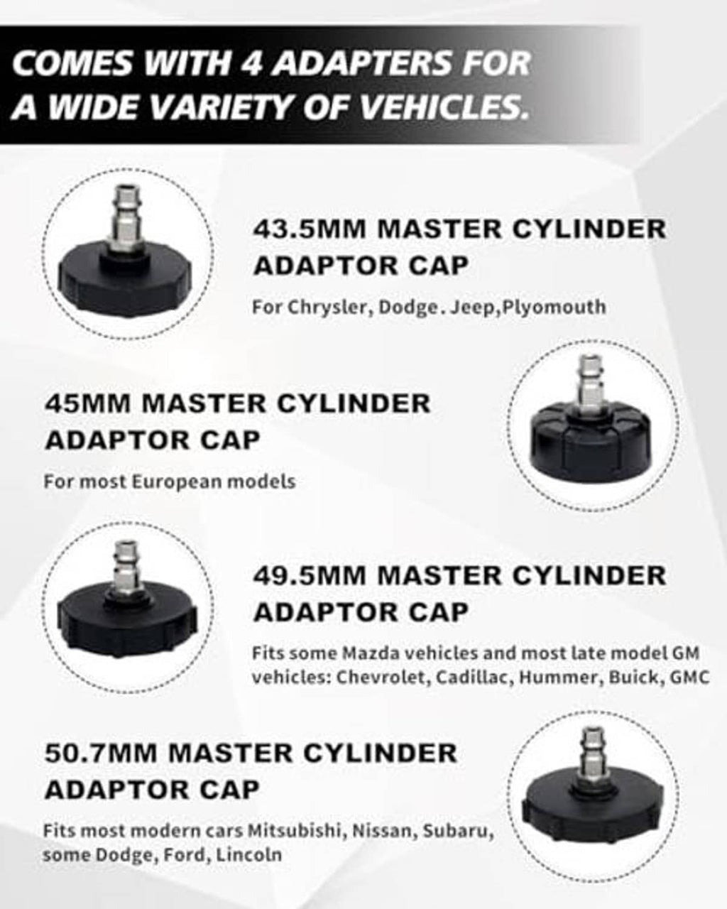 Brake bleeder adapter set with master cylinder cap sizes for different vehicle types