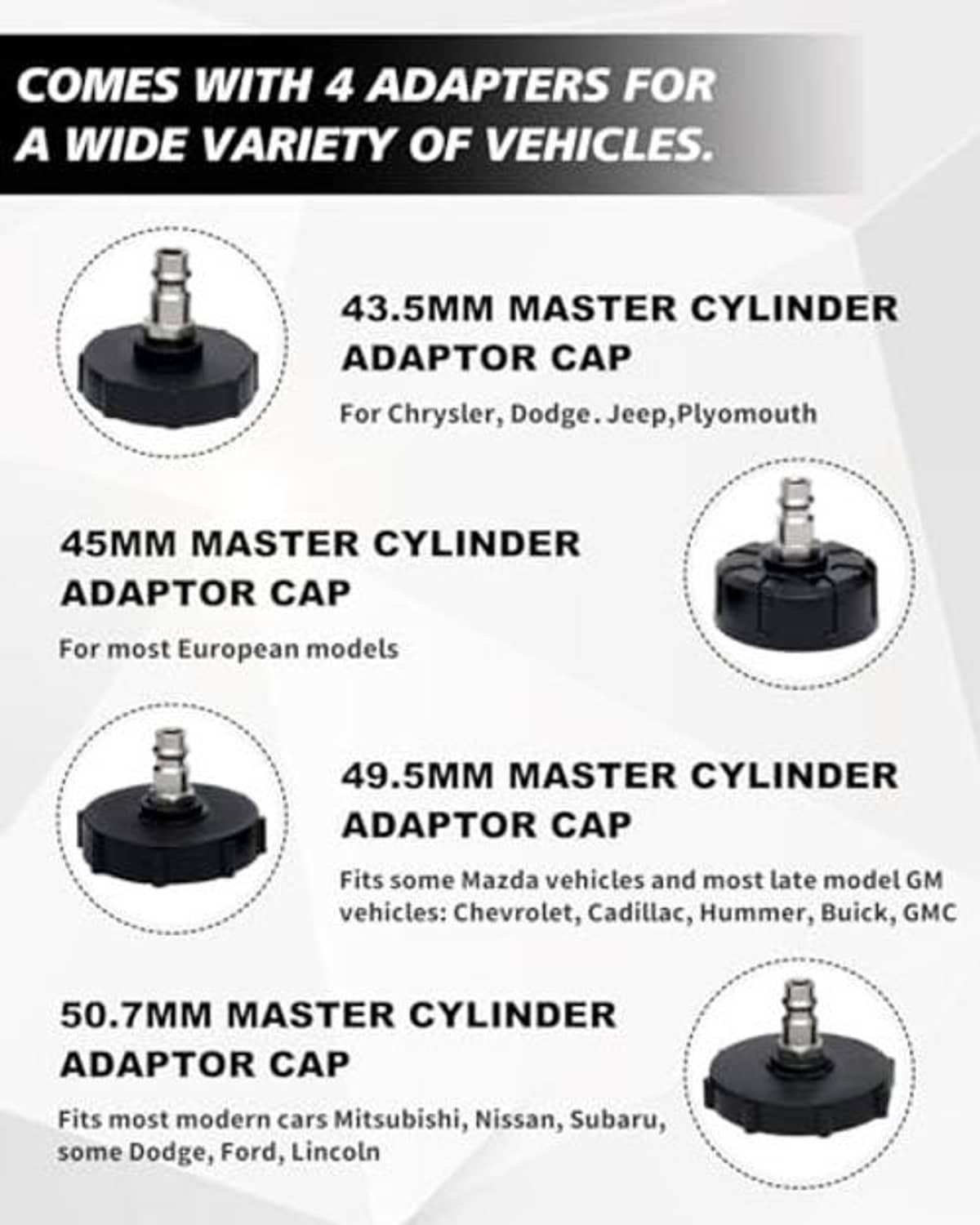 Brake bleeder adapter set with master cylinder cap sizes for different vehicle types