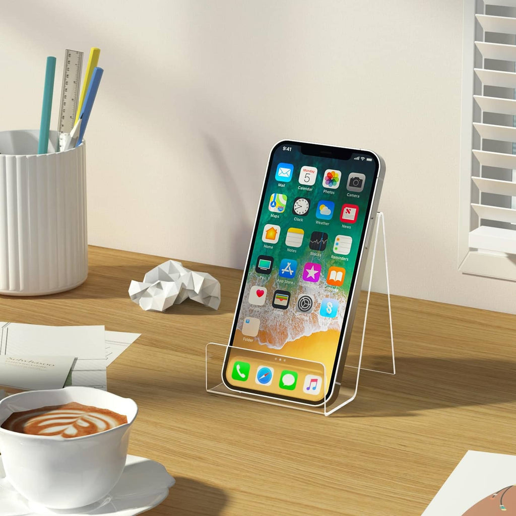 Clear acrylic phone display stand with angled easel back and front support