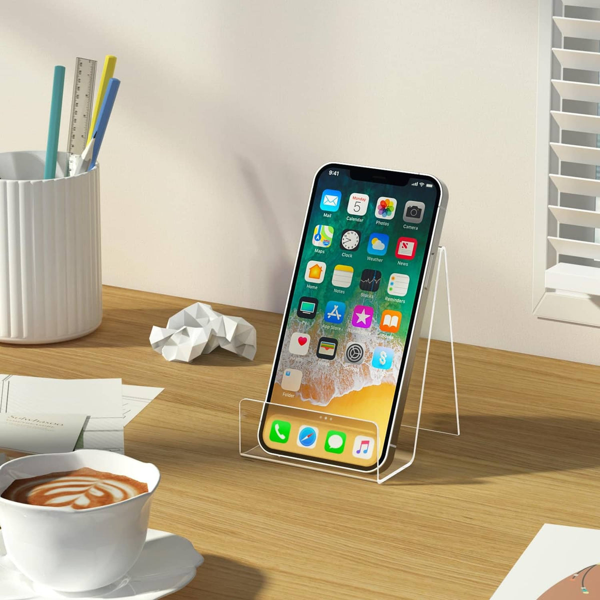 Clear acrylic phone display stand with angled easel back and front support
