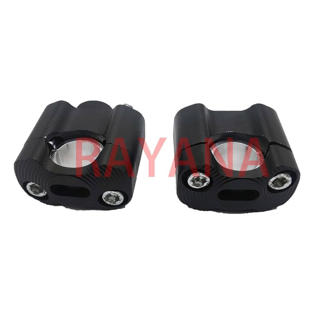 Black handlebar riser mount clamps with side screws and circular handlebar opening