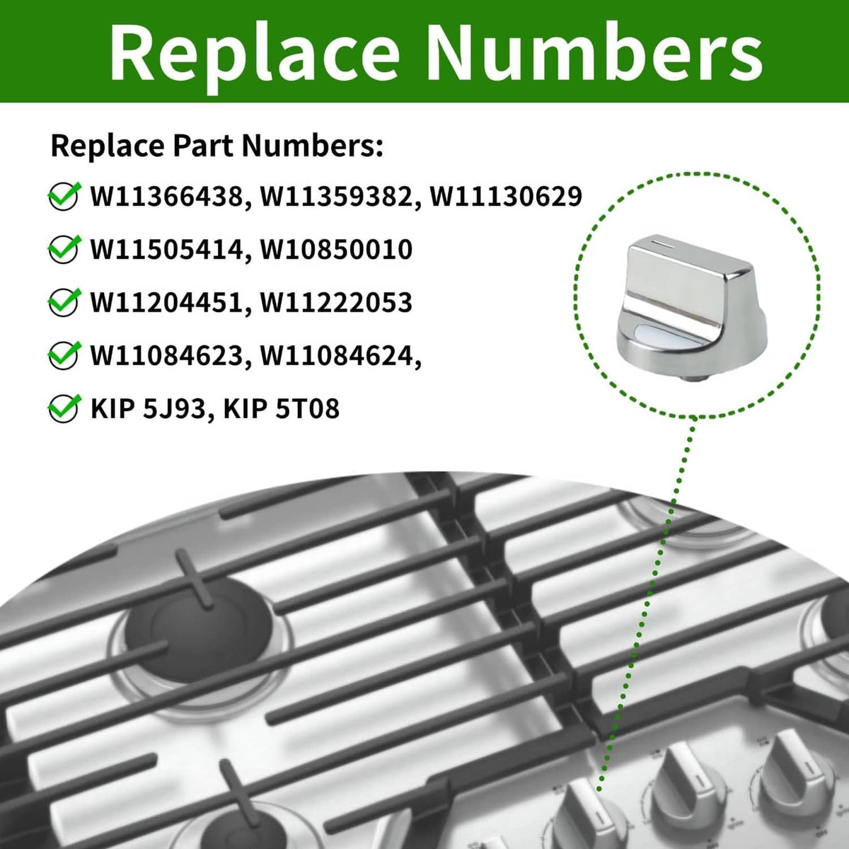 Silver stove control knob circled beside cooktop burner replacement graphic