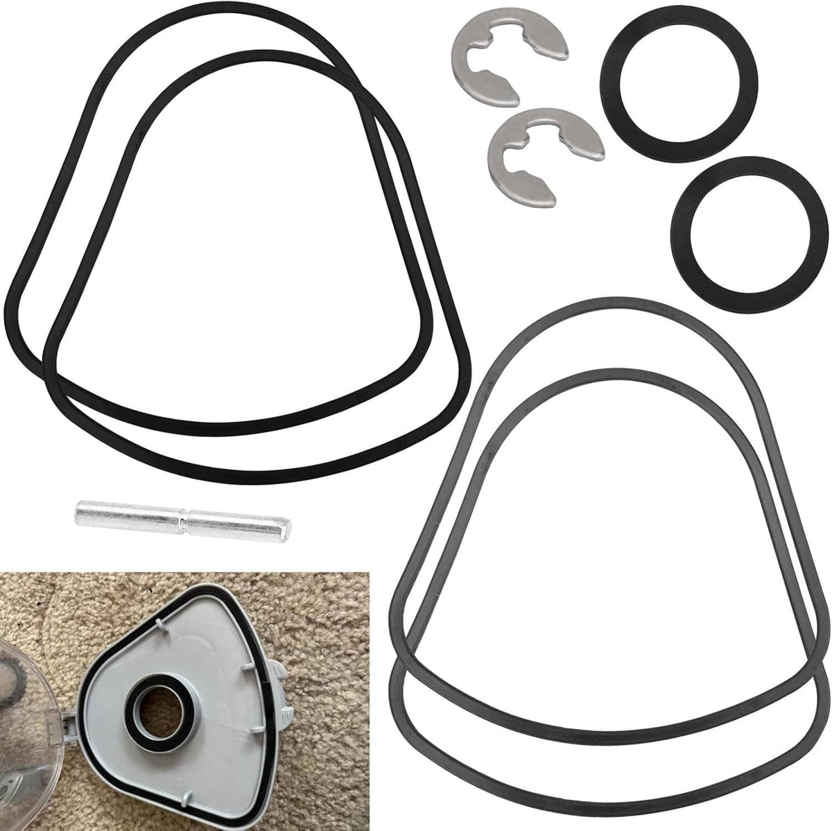 Vacuum dust bin gasket set: black seal rings, gray gasket, metal clips, and clear pin