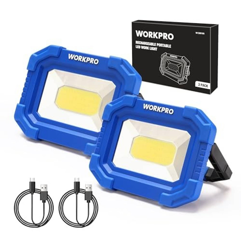 Two blue rechargeable LED work lights with stand and angled placement bracket