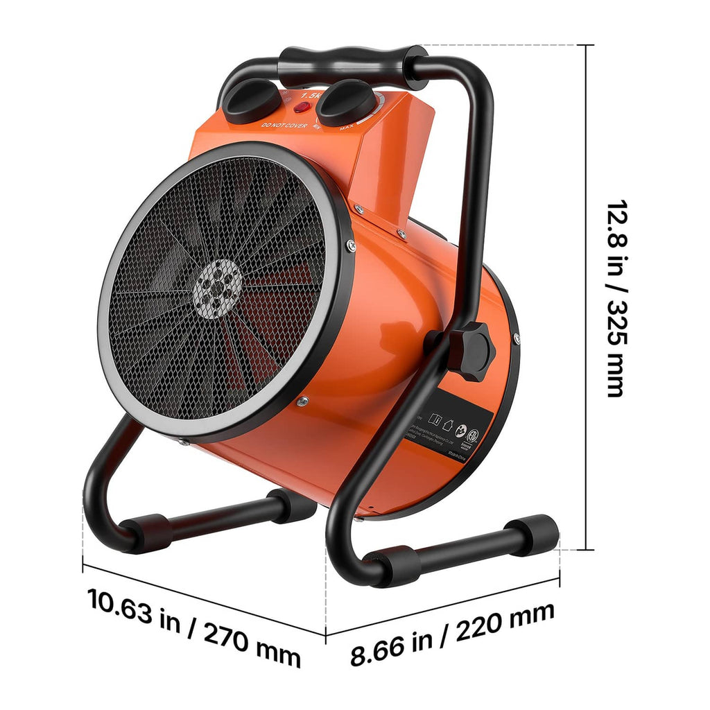 Orange portable electric heater with front fan mesh grill and black handle stand, side view