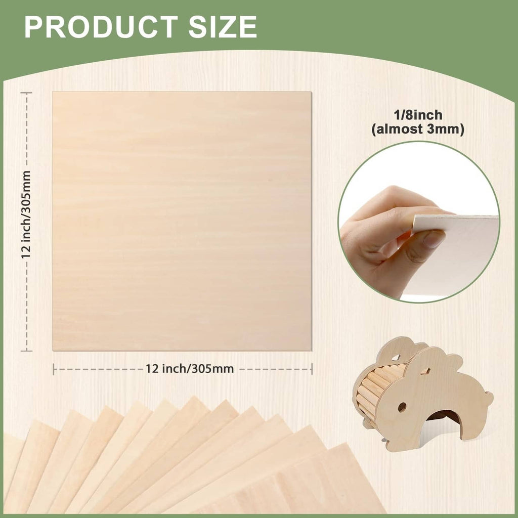 Square basswood sheet size graphic with hand showing thickness