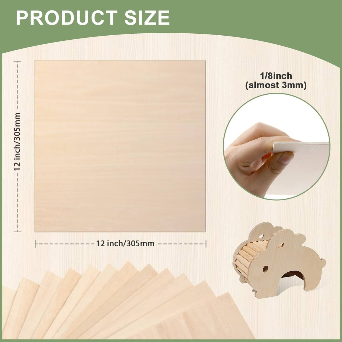 Square basswood sheet size graphic with hand showing thickness