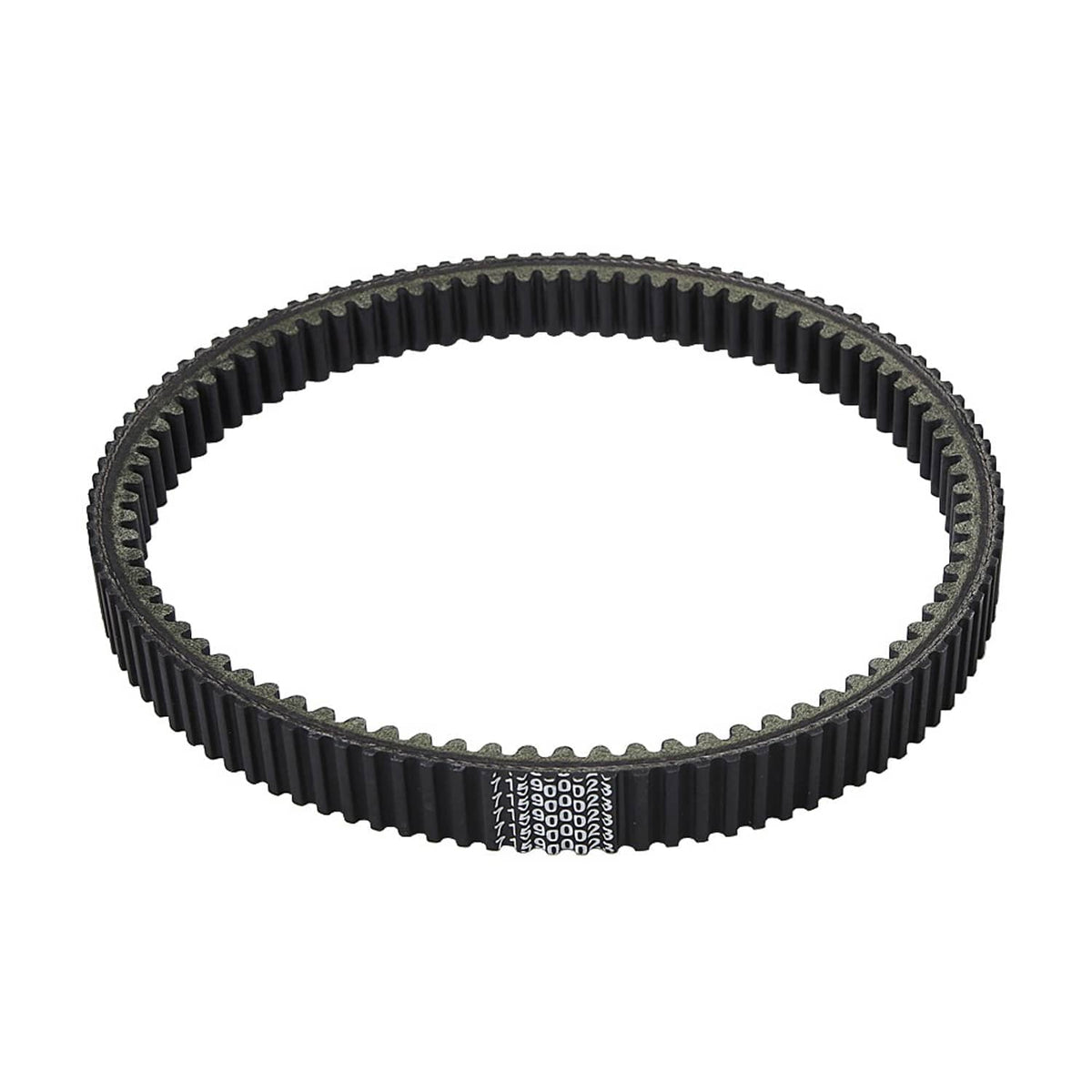 ATV drive belt, dark toothed loop with fine ridges around the outer edge