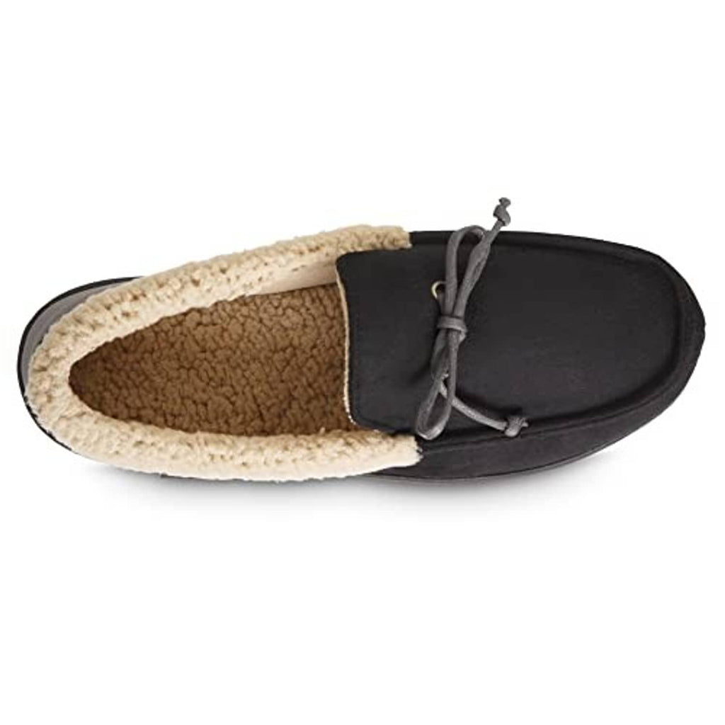 Black moccasin slipper showing tan sherpa interior and lace tie at the collar