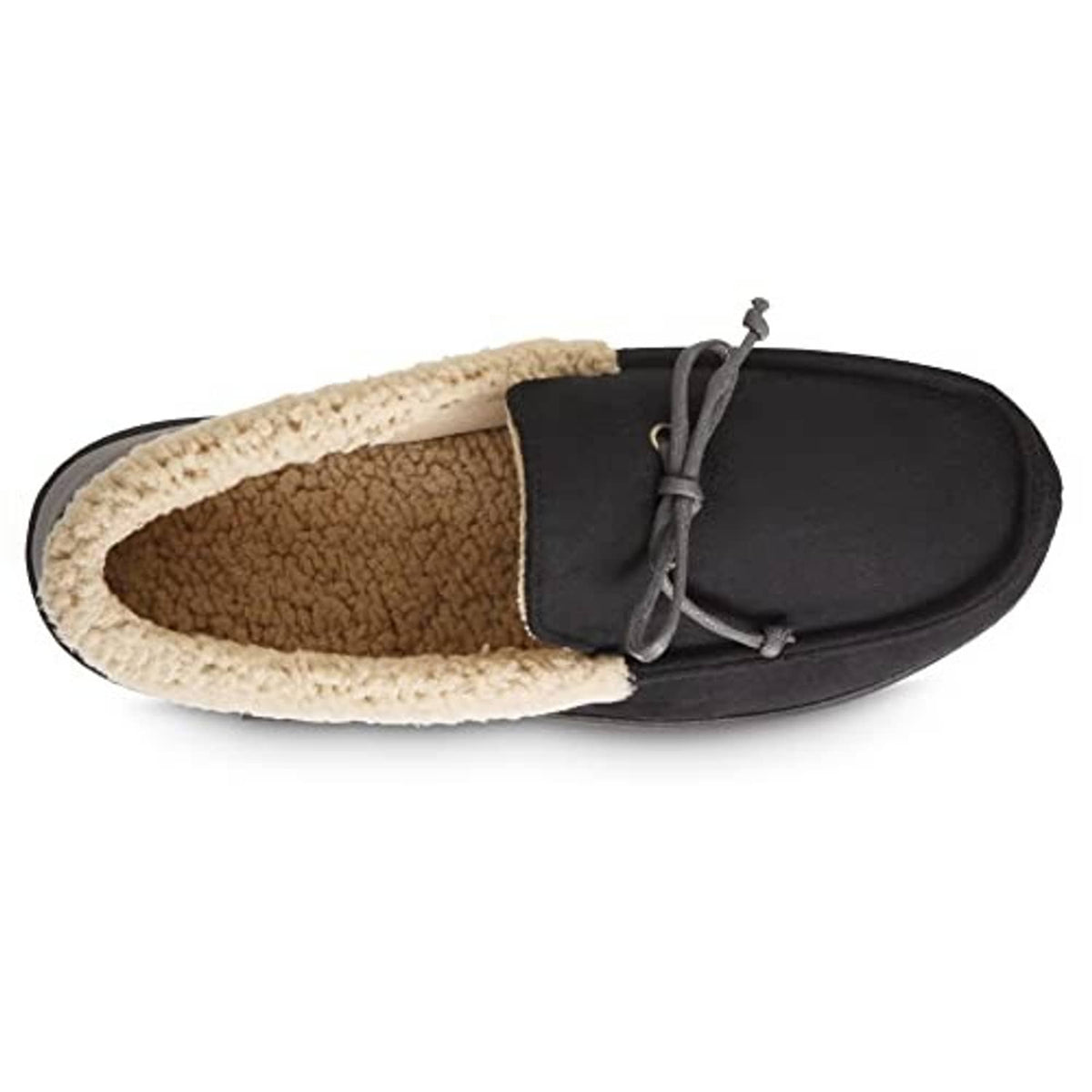 Black moccasin slipper showing tan sherpa interior and lace tie at the collar