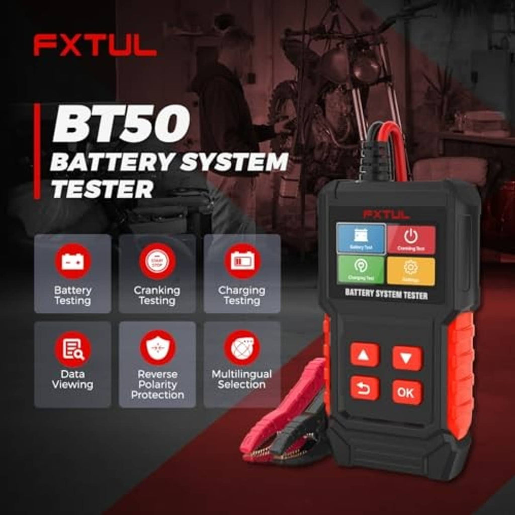 Battery system tester with feature icons for battery, cranking, charging, data viewing